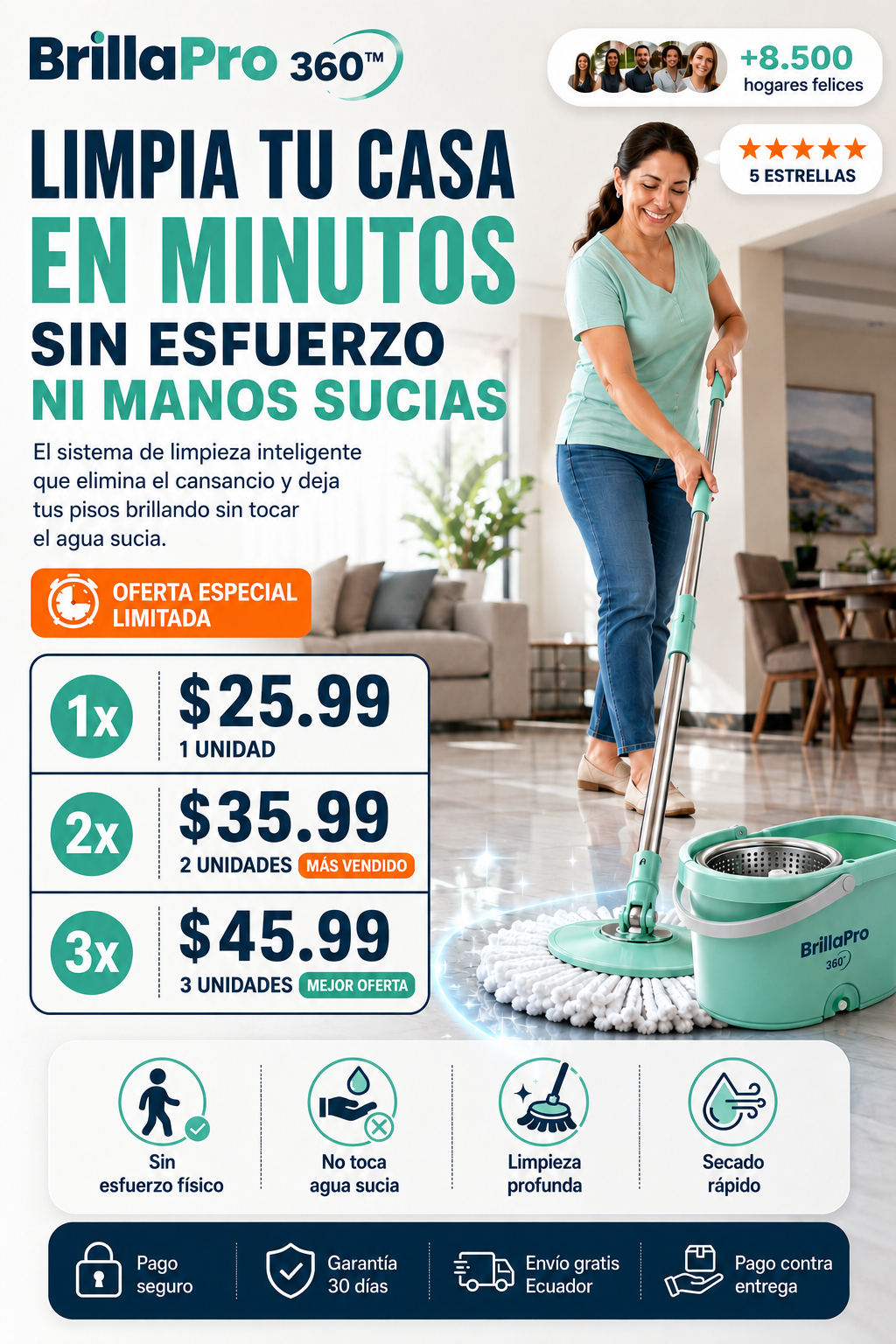 BrillaPro 360™ -  Limpia, escurre y seca sin esfuerzo. ¡Olvídate de ensuciarte las manos!
