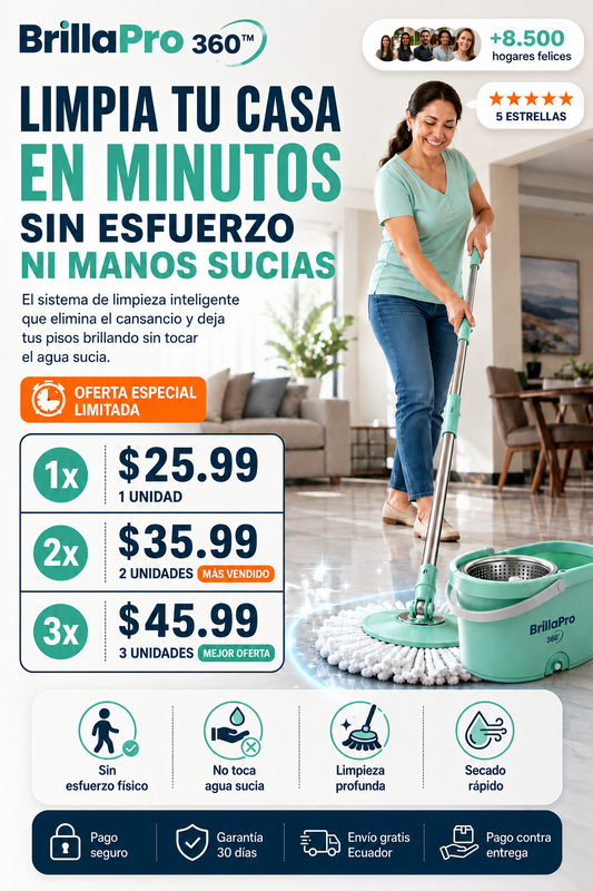 BrillaPro 360™ -  Limpia, escurre y seca sin esfuerzo. ¡Olvídate de ensuciarte las manos!