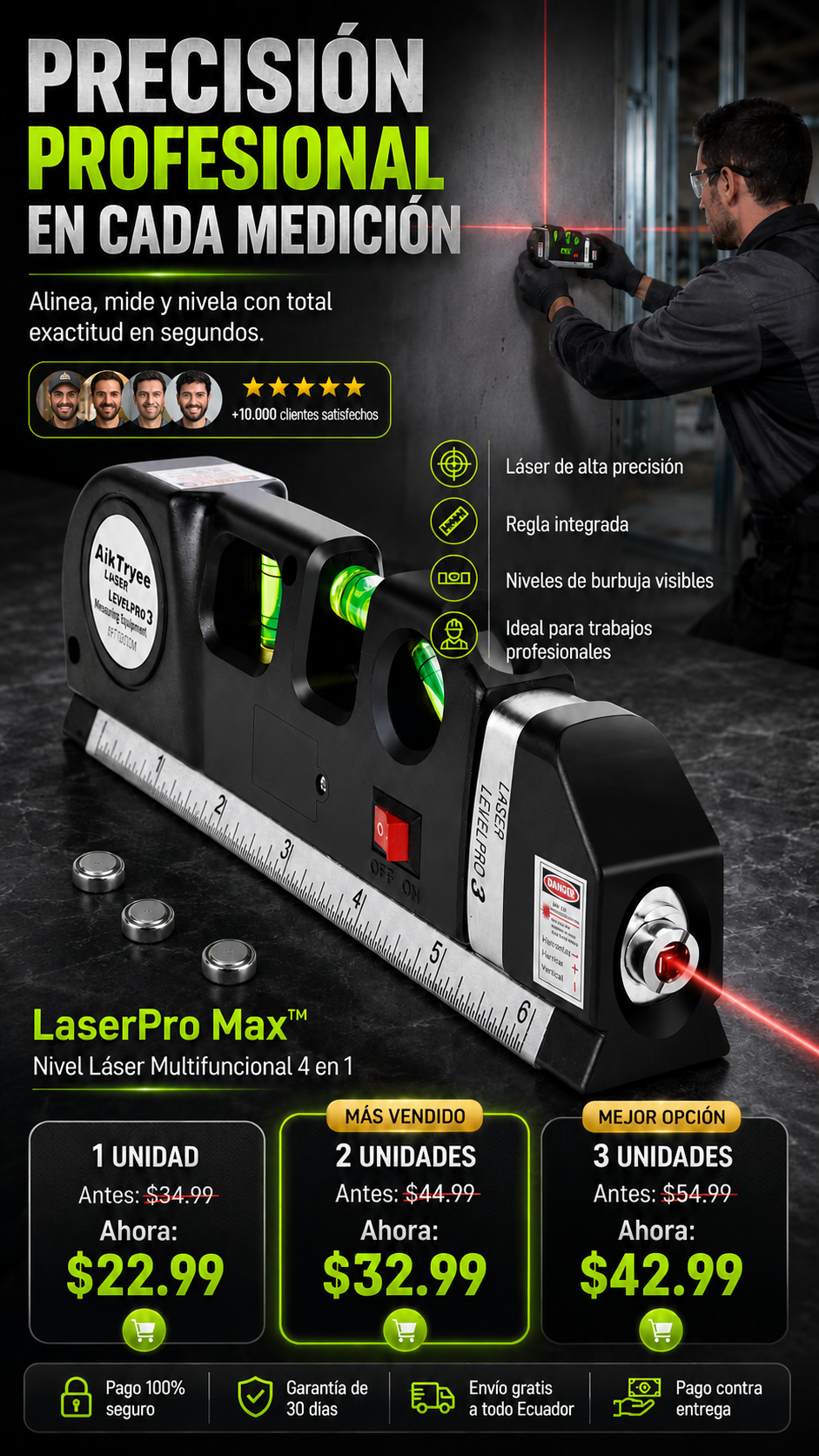 NivelMax Pro™ 3 en 1 - Nivel Láser Profesional con Cinta Métrica Integrada