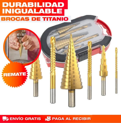 SET DE 6 BROCAS ESCALONADAS DE TITANIO - 🔧 ¡Perfora cualquier superficie como un profesional!
