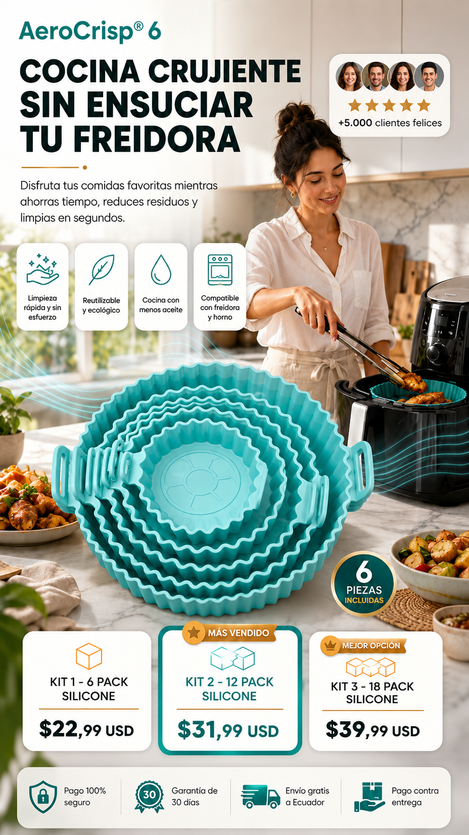AeroCrisp® 6 – Moldes Reutilizables Antiadherentes para Air Fryer