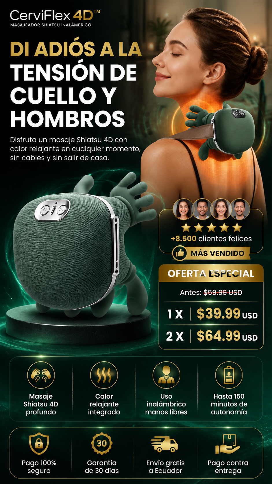 CerviFlex 4D™ | Masajeador Cervical Shiatsu Inalámbrico con Calo