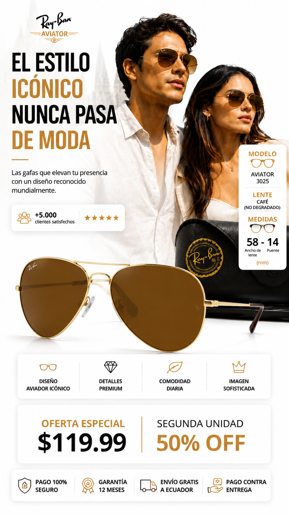 Ray-Ban Aviador RB3025 Gold Brown Originales Elige calidad, elige legado. GT