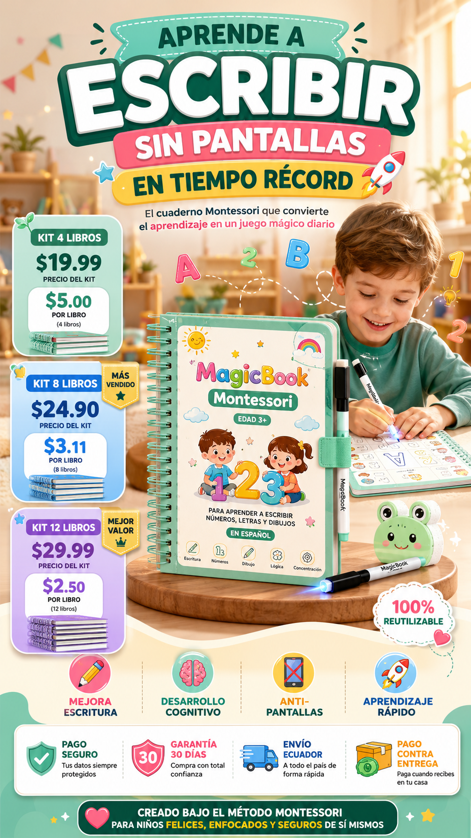 MagicBook Montessori™ -  El Cuaderno Mágico Reutilizable que Ayuda a tu Hijo a Aprender Escribiendo, Dibujando y Jugando.