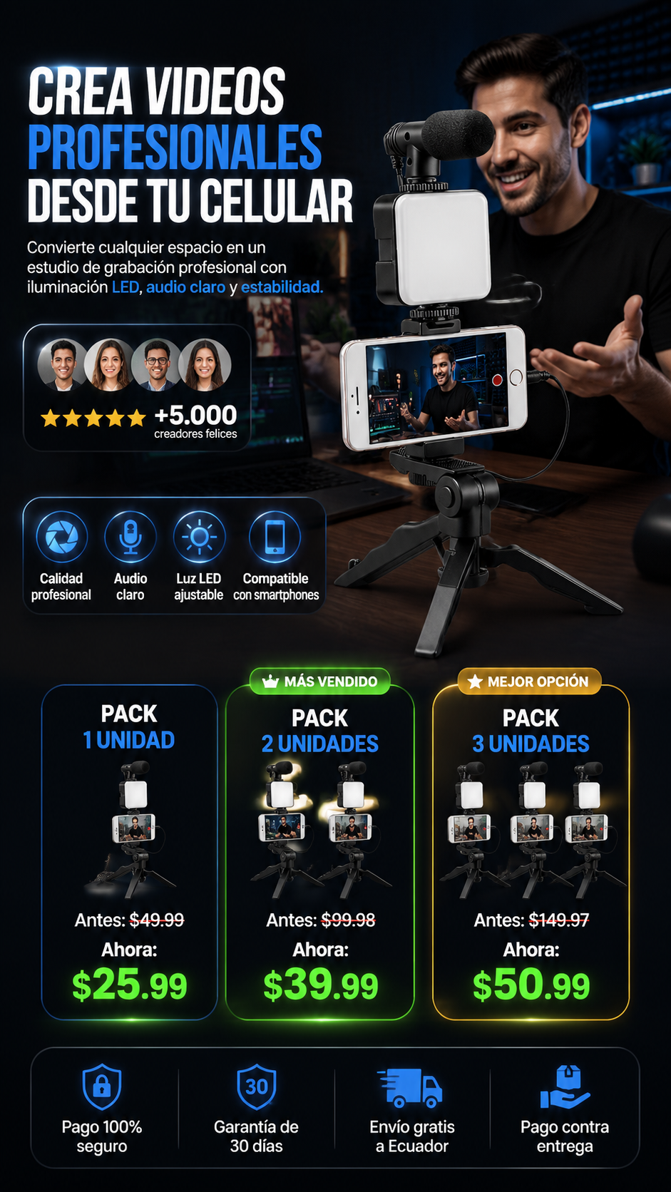 CreatorMax V1 Pro™ | Kit Profesional de Grabación con Luz LED y Micrófono