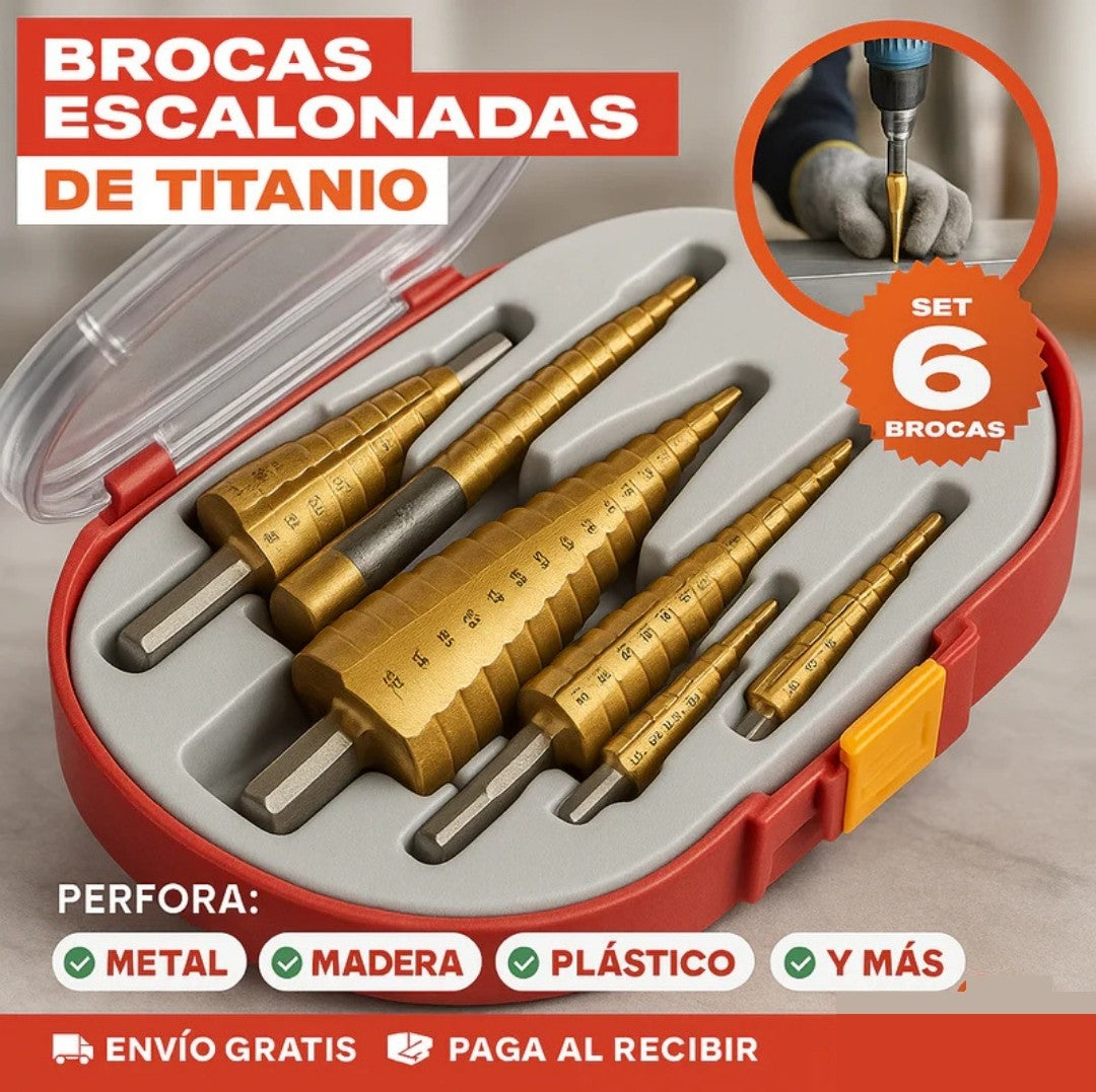 SET DE 6 BROCAS ESCALONADAS DE TITANIO - 🔧 ¡Perfora cualquier superficie como un profesional!
